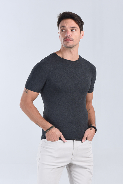 M Store - Erkek Antrasit Bisiklet Yaka Slim Fit T-Shirt
