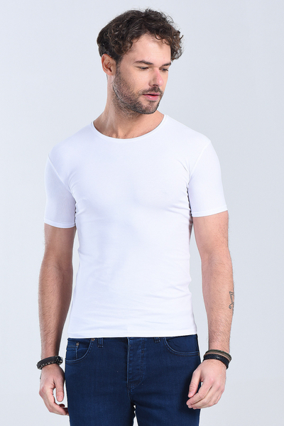 Erkek Beyaz Bisiklet Yaka Slim Fit T-Shirt