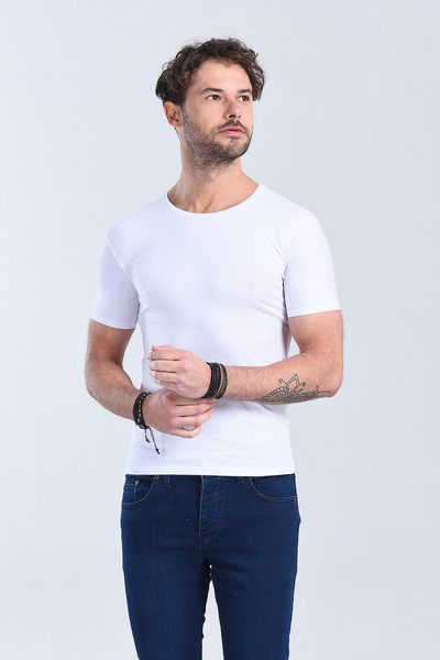 Erkek Beyaz Bisiklet Yaka Slim Fit T-Shirt