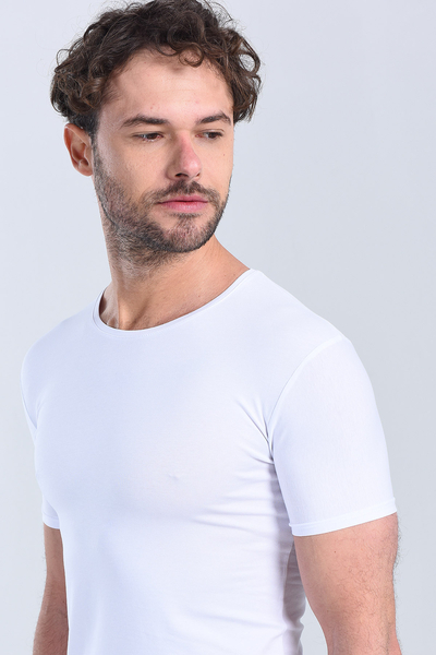 Erkek Beyaz Bisiklet Yaka Slim Fit T-Shirt
