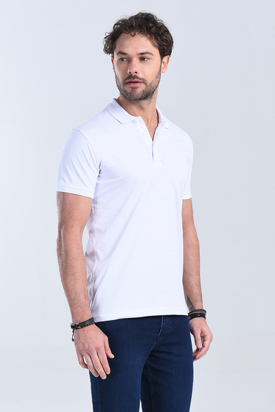 M Store - Erkek Beyaz Polo Yaka Regular T-Shirt
