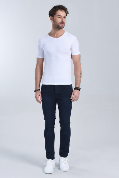 M Store - Erkek Beyaz V Yaka Slim Fit T-Shirt