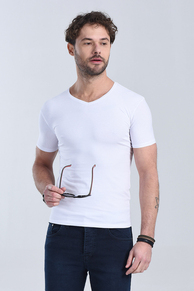 Erkek Beyaz V Yaka Slim Fit T-Shirt