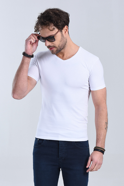 Erkek Beyaz V Yaka Slim Fit T-Shirt
