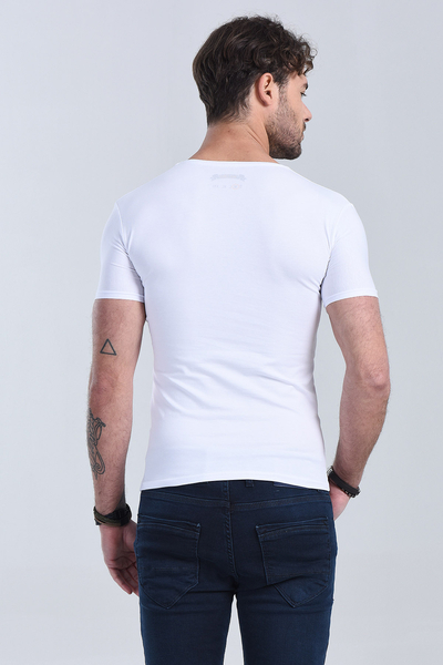 Erkek Beyaz V Yaka Slim Fit T-Shirt