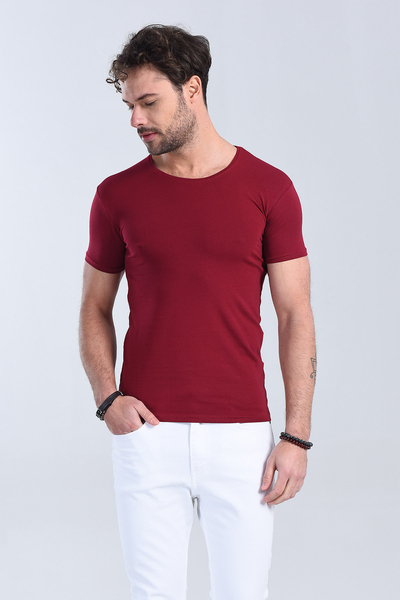 Erkek Bordo Bisiklet Yaka Slim Fit T-Shirt