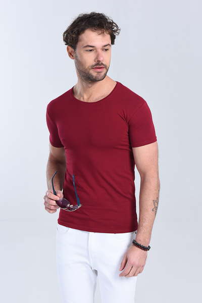 Erkek Bordo Bisiklet Yaka Slim Fit T-Shirt