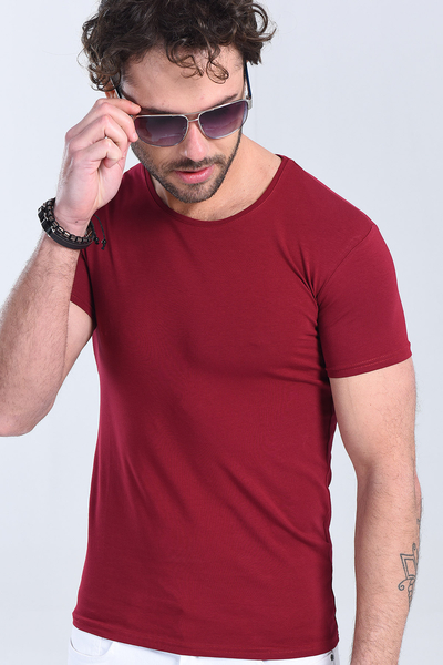 Erkek Bordo Bisiklet Yaka Slim Fit T-Shirt