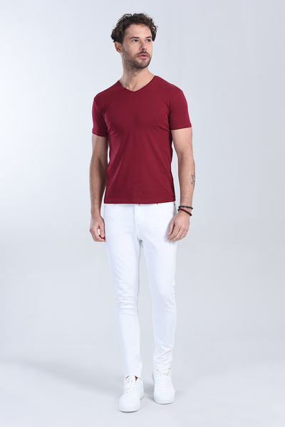 M Store - Erkek Bordo V Yaka Slim Fit T-Shirt