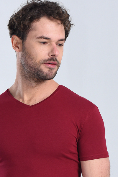 Erkek Bordo V Yaka Slim Fit T-Shirt