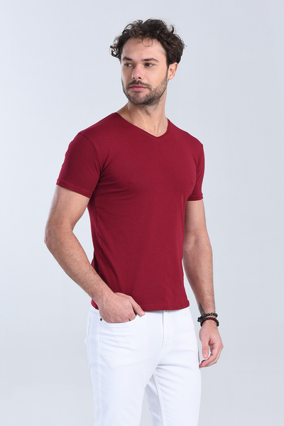 Erkek Bordo V Yaka Slim Fit T-Shirt