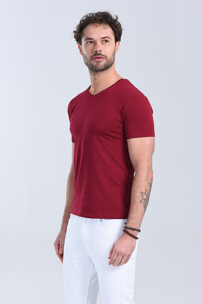Erkek Bordo V Yaka Slim Fit T-Shirt