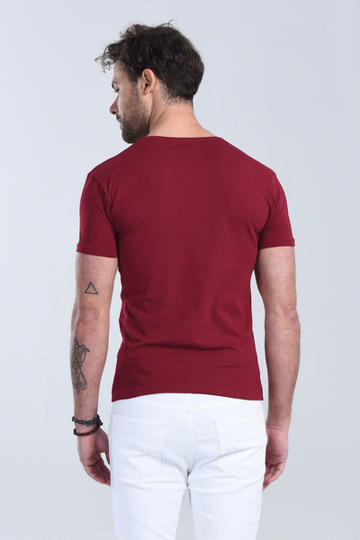 Erkek Bordo V Yaka Slim Fit T-Shirt