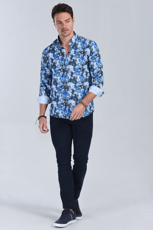 Erkek Desenli Mavi Slim Fit Gömlek - 1