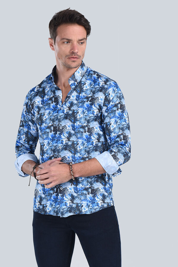 Erkek Desenli Mavi Slim Fit Gömlek - 2
