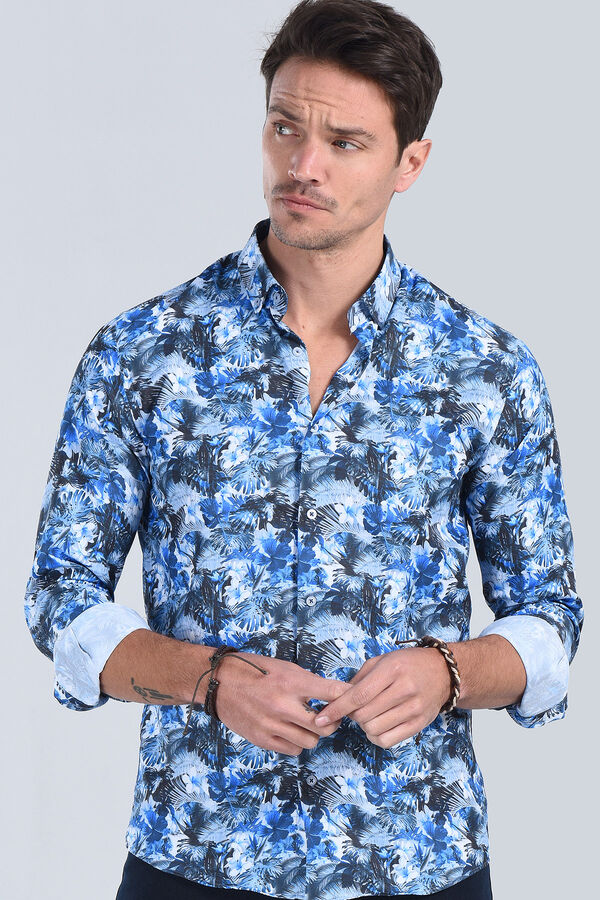Erkek Desenli Mavi Slim Fit Gömlek - 3