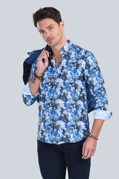 Erkek Desenli Mavi Slim Fit Gömlek