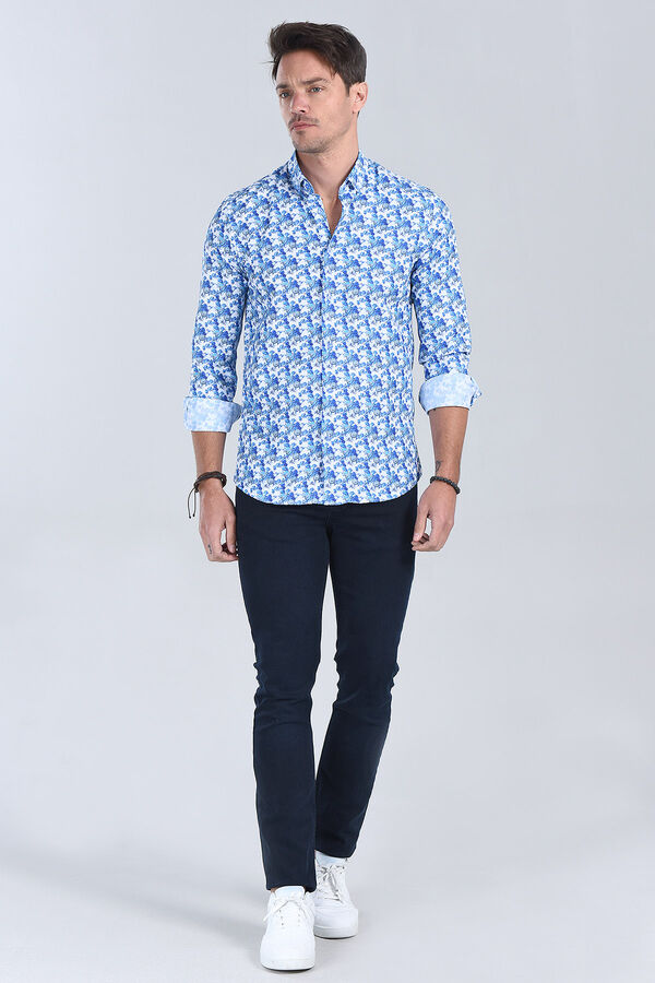 Erkek Desenli Mavi 2 Slim Fit Gömlek - 1