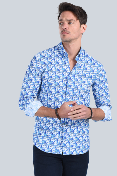 Erkek Desenli Mavi 2 Slim Fit Gömlek