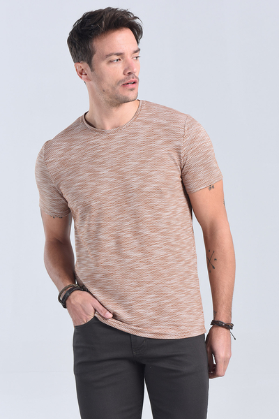 M Store - Erkek Kahverengi Bisiklet Yaka Regular T-Shirt