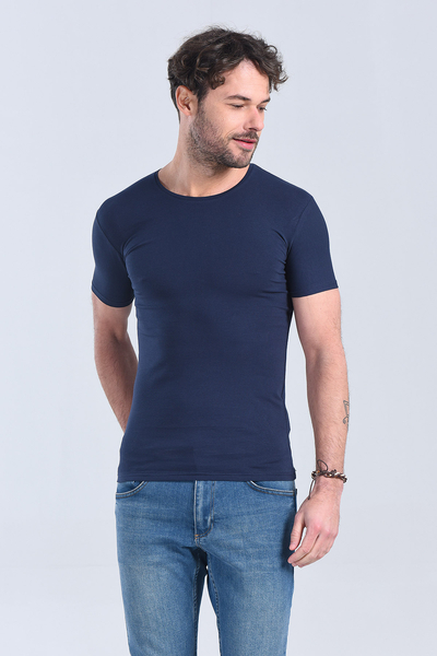 M Store - Erkek Lacivert Bisiklet Yaka Slim Fit T-Shirt