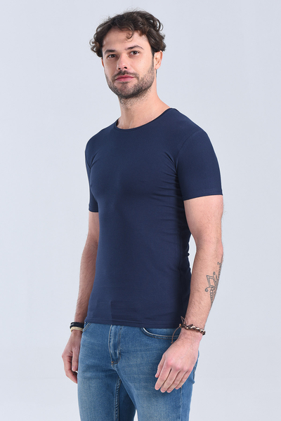 Erkek Lacivert Bisiklet Yaka Slim Fit T-Shirt