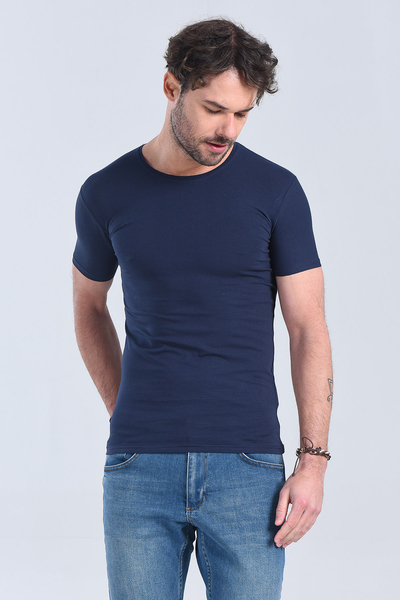 Erkek Lacivert Bisiklet Yaka Slim Fit T-Shirt