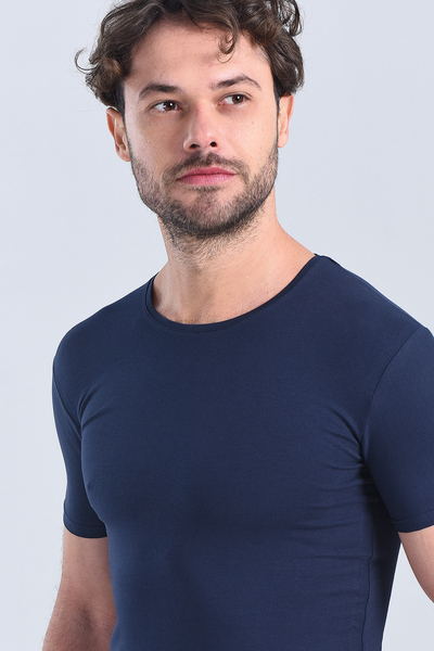 Erkek Lacivert Bisiklet Yaka Slim Fit T-Shirt