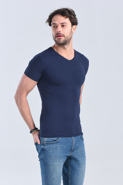M Store - Erkek Lacivert V Yaka Slim Fit T-Shirt