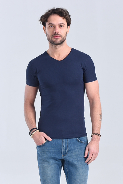 Erkek Lacivert V Yaka Slim Fit T-Shirt