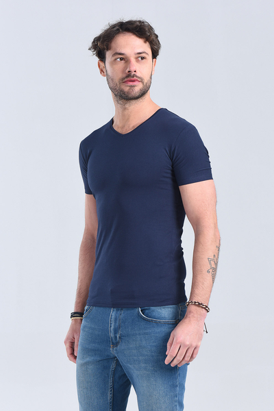 Erkek Lacivert V Yaka Slim Fit T-Shirt