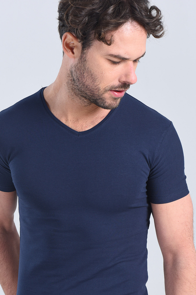 Erkek Lacivert V Yaka Slim Fit T-Shirt