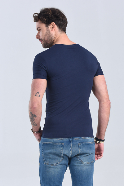 Erkek Lacivert V Yaka Slim Fit T-Shirt