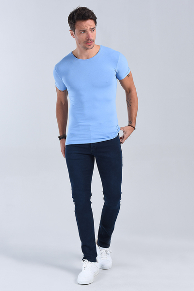 M Store - Erkek Mavi Bisiklet Yaka Slim Fit T-Shirt