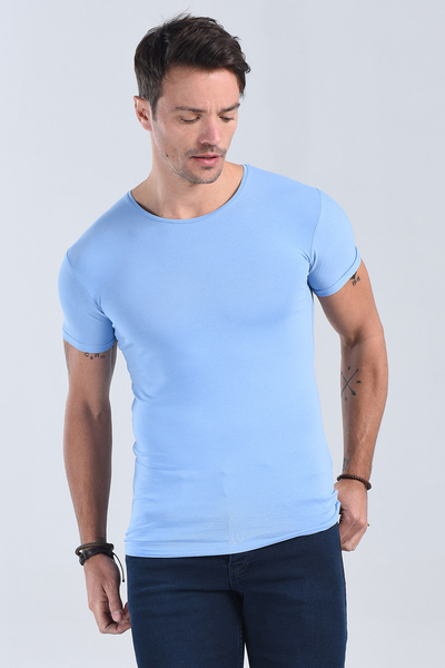 Erkek Mavi Bisiklet Yaka Slim Fit T-Shirt