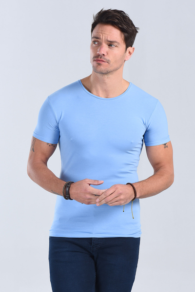 Erkek Mavi Bisiklet Yaka Slim Fit T-Shirt