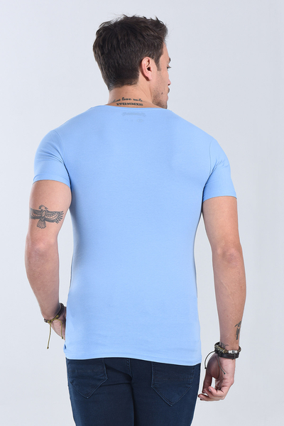 Erkek Mavi Bisiklet Yaka Slim Fit T-Shirt