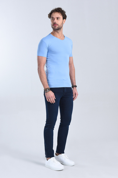 M Store - Erkek Mavi V Yaka Slim Fit T-Shirt