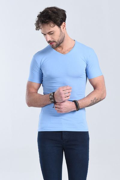 Erkek Mavi V Yaka Slim Fit T-Shirt