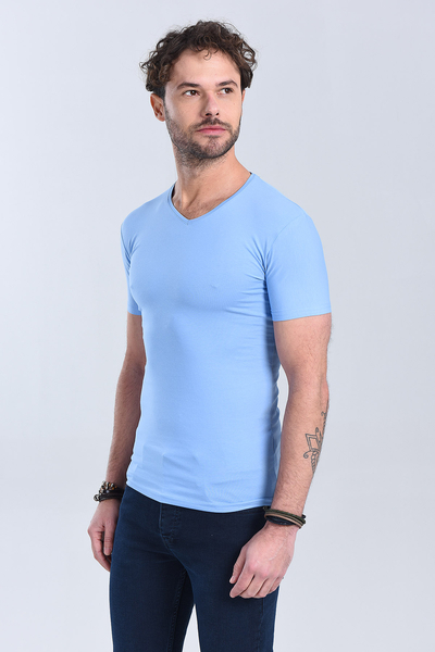 Erkek Mavi V Yaka Slim Fit T-Shirt