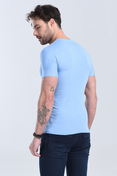 Erkek Mavi V Yaka Slim Fit T-Shirt