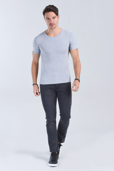 M Store - Erkek Melanj Gri Bisiklet Yaka Slim Fit T-Shirt
