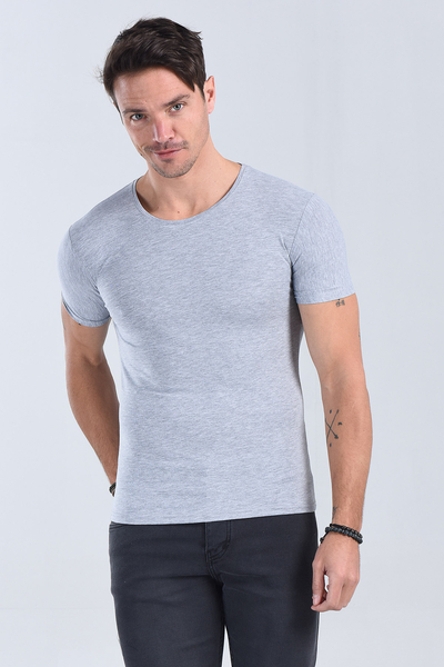 Erkek Melanj Gri Bisiklet Yaka Slim Fit T-Shirt