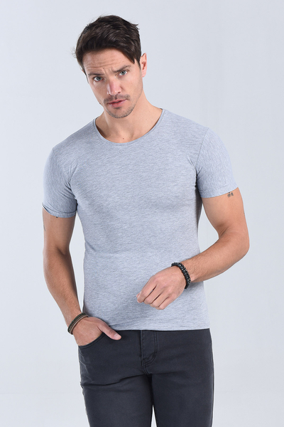 Erkek Melanj Gri Bisiklet Yaka Slim Fit T-Shirt