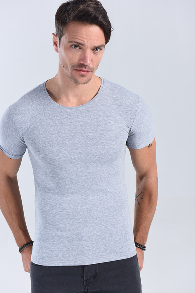 Erkek Melanj Gri Bisiklet Yaka Slim Fit T-Shirt