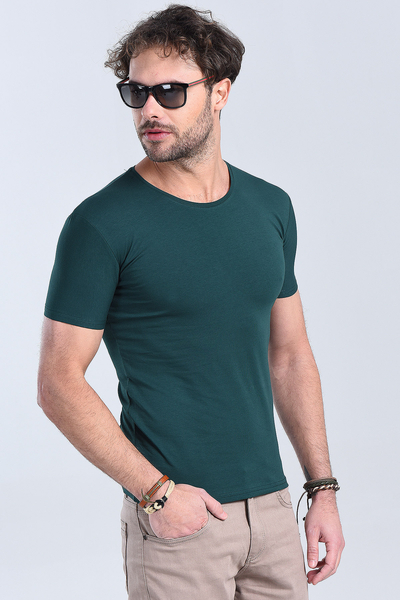 Erkek Nefti Yesil Bisiklet Yaka Slim Fit T-Shirt