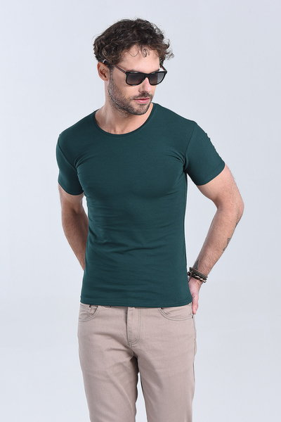 Erkek Nefti Yesil Bisiklet Yaka Slim Fit T-Shirt