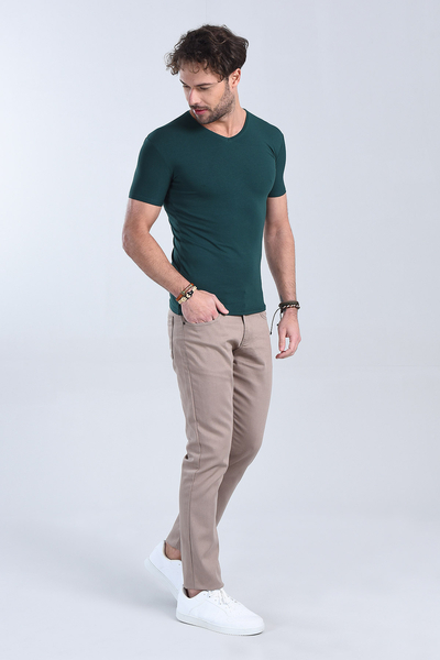 M Store - Erkek Nefti Yesil V Yaka Slim Fit T-Shirt