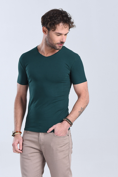 Erkek Nefti Yesil V Yaka Slim Fit T-Shirt