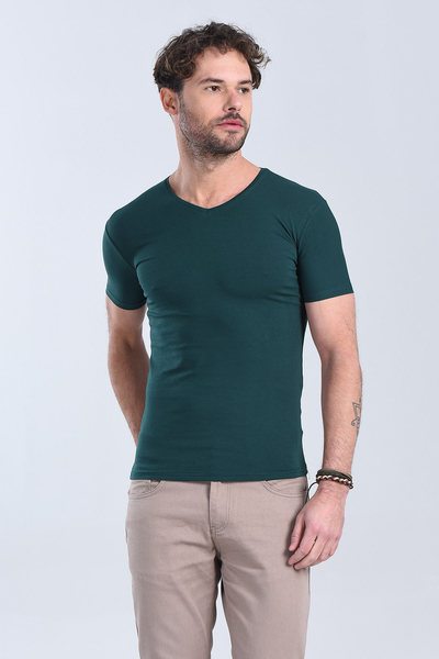 Erkek Nefti Yesil V Yaka Slim Fit T-Shirt